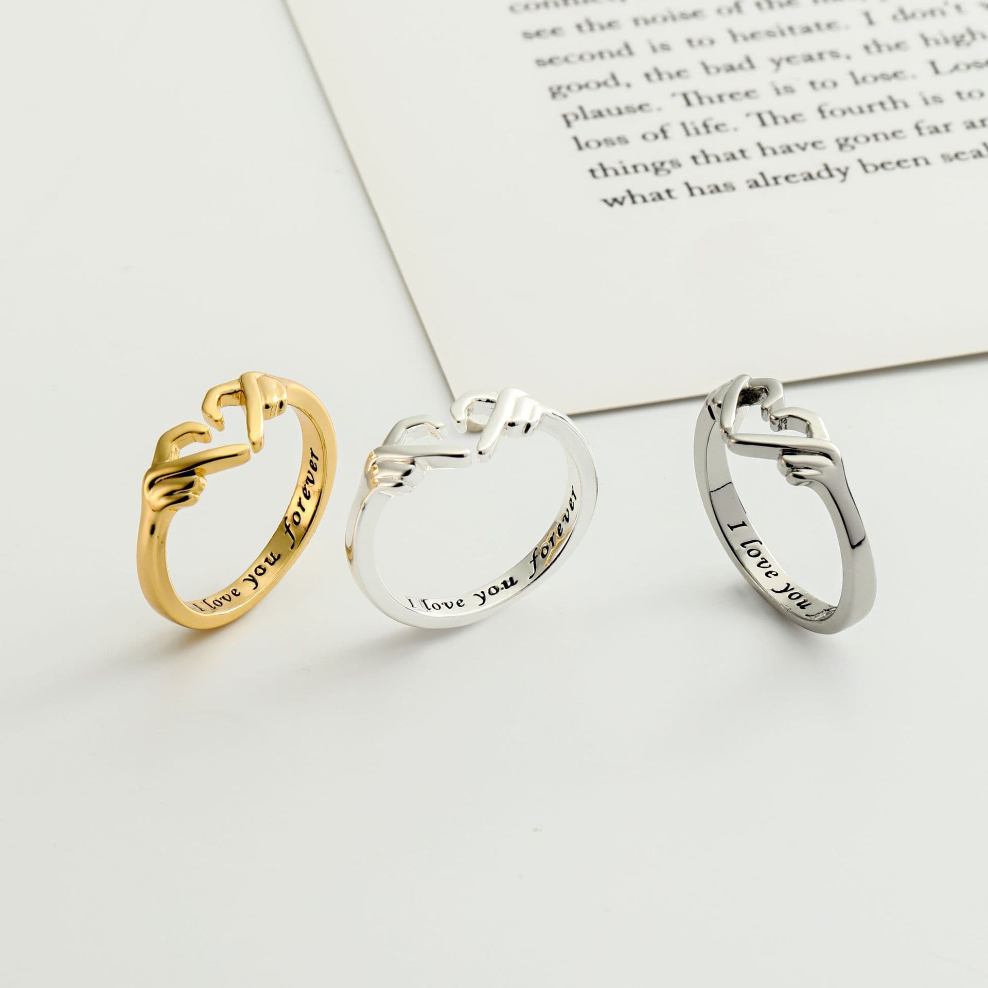 image-Romantic Heart Hand Hug Fashion Ring For Women Couple Jewelry Silver Color Punk Gesture Wedding Men Finger Accessories Gifts