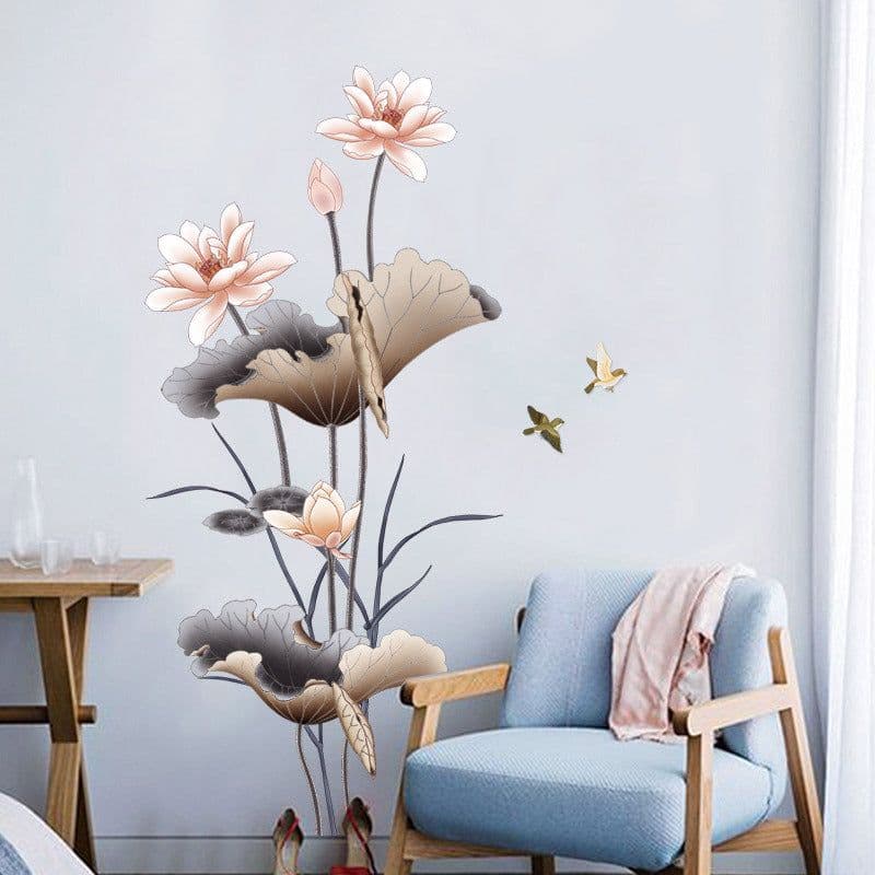 image-Chinese Style Lotus Flower Wallpaper Self-adhesive Living Room Decor Sofa Background Decoration Wall Stickers