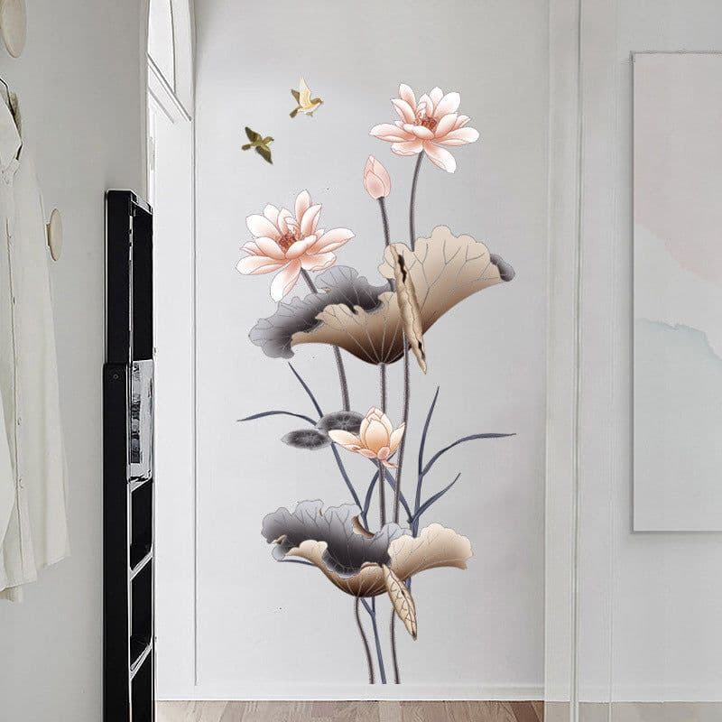 image-Chinese Style Lotus Flower Wallpaper Self-adhesive Living Room Decor Sofa Background Decoration Wall Stickers