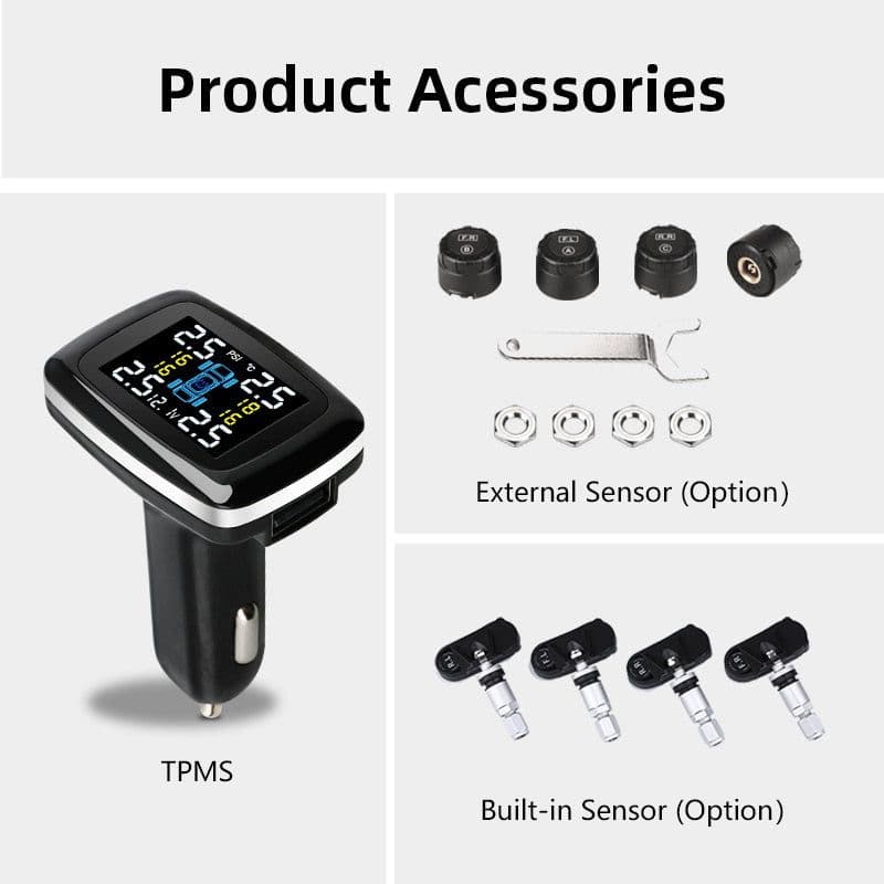 image-Tire Pressure Monitoring System Sensors Cigarette Lighter USB port Auto Security Alarm Systems Tire Pressure