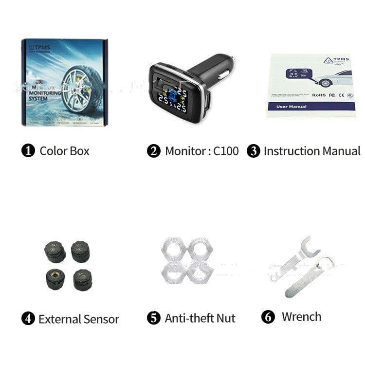 image-Tire Pressure Monitoring System Sensors Cigarette Lighter USB port Auto Security Alarm Systems Tire Pressure