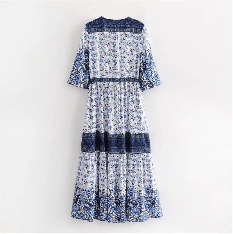 image-2019 Bohemian stitching European and American hot selling long skirt single-breasted cardigan retro dress factory direct sales