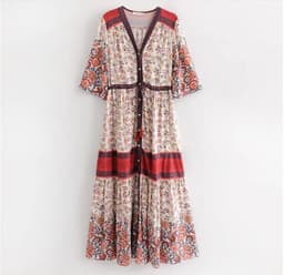 image-2019 Bohemian stitching European and American hot selling long skirt single-breasted cardigan retro dress factory direct sales