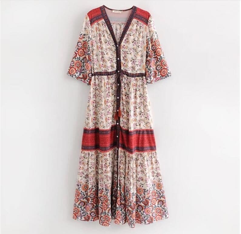 image-2019 Bohemian stitching European and American hot selling long skirt single-breasted cardigan retro dress factory direct sales