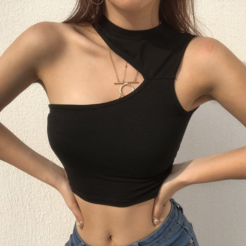 image-2019 summer foreign trade women's new sexy shoulder digging irregular short sports vest bottoming shirt top
