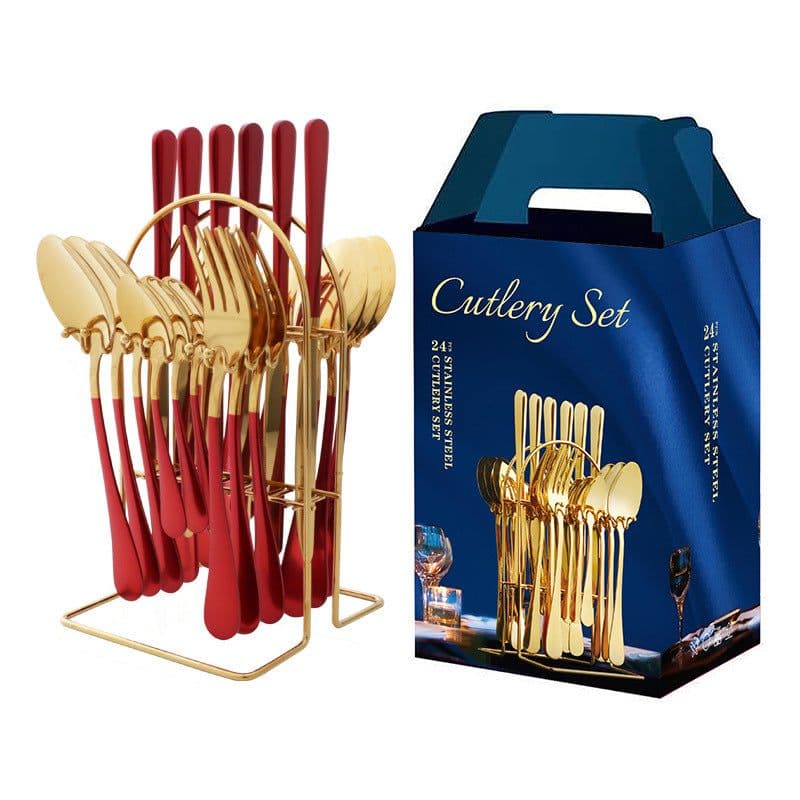 image-Amazon hot-selling stainless steel tableware 24-piece cutlery set with storage cutlery rack gift box set gift