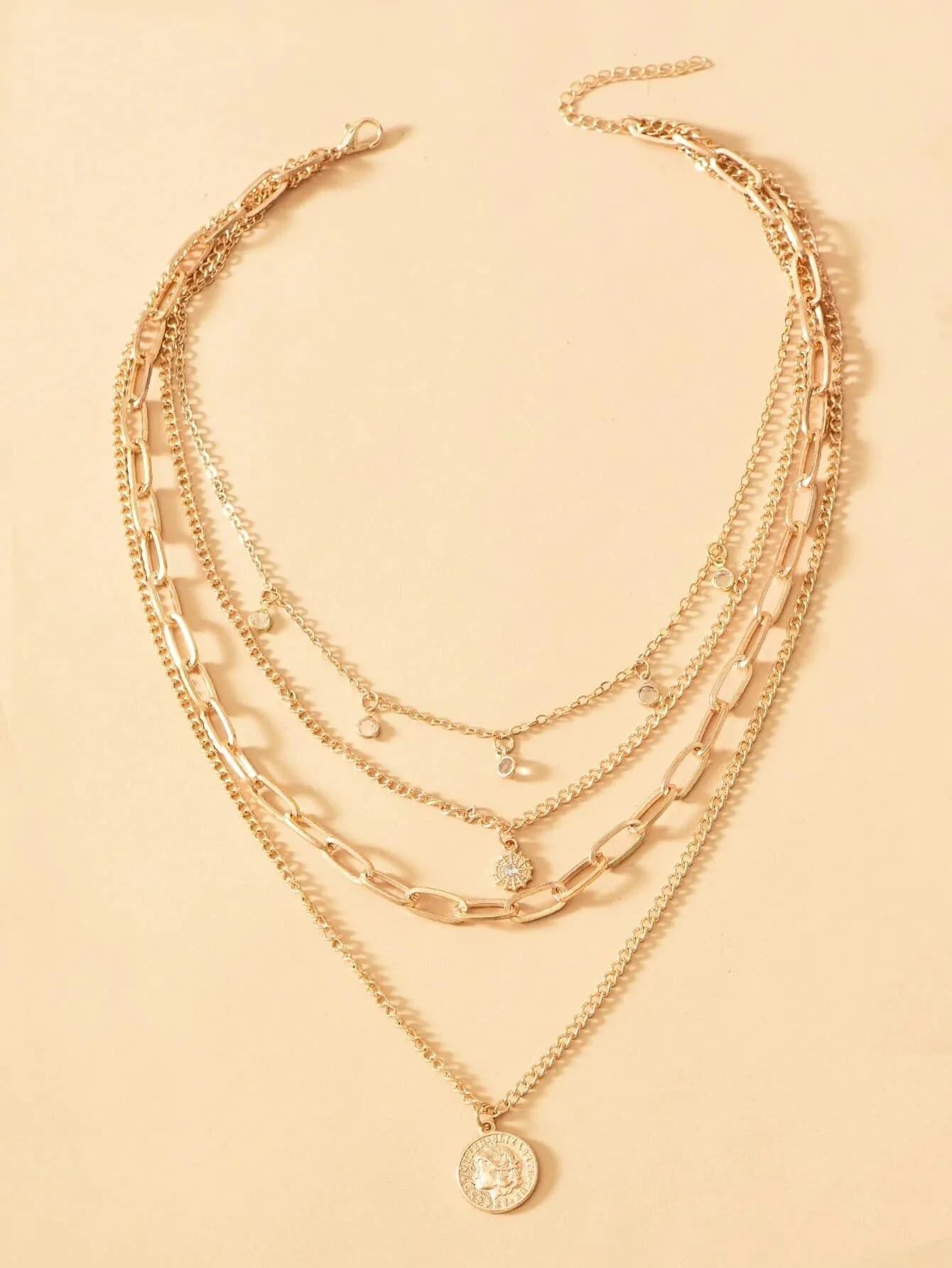 image-Amazon Hot Selling Necklace Round Pendant Layered Necklace European and American Cross-border Necklace Multi-layer Rhinestone Beauty Head Necklace