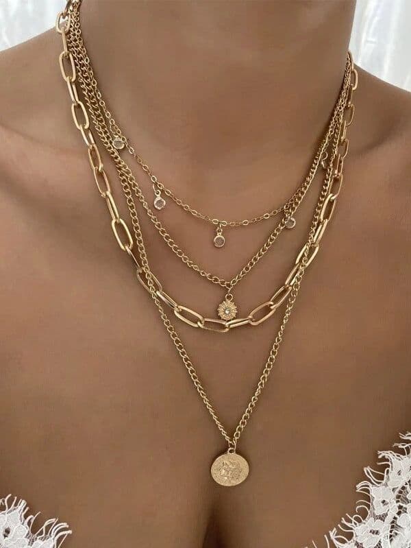image-Amazon Hot Selling Necklace Round Pendant Layered Necklace European and American Cross-border Necklace Multi-layer Rhinestone Beauty Head Necklace