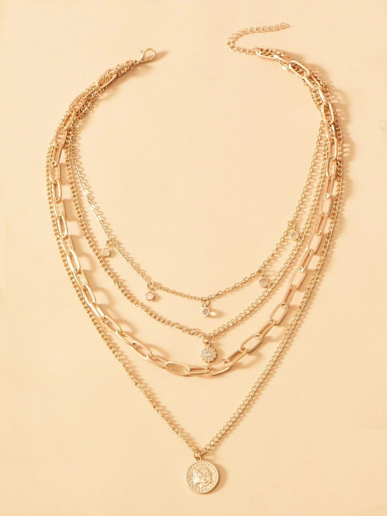 image-Amazon Hot Selling Necklace Round Pendant Layered Necklace European and American Cross-border Necklace Multi-layer Rhinestone Beauty Head Necklace