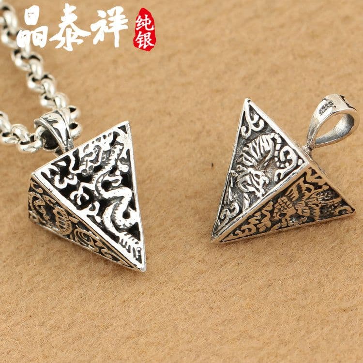 image-925 sterling silver Korean version men's necklace pendant, retro tapered four mythical beasts, square cone, amulet pendant
