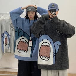 image-Couples wear autumn clothes 2020 new cute cartoon shark sweater men Korean version loose and lazy outside wear autumn and winter