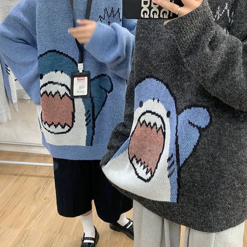 image-Couples wear autumn clothes 2020 new cute cartoon shark sweater men Korean version loose and lazy outside wear autumn and winter