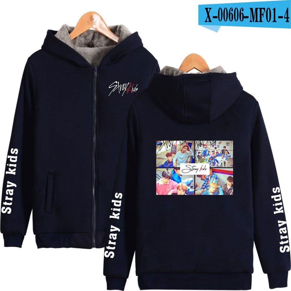 image-Cross-border Amazon stray kids plus velvet thick hooded zipper sweater winter warm men and women