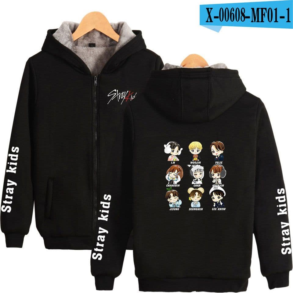 image-Cross-border Amazon stray kids plus velvet thick hooded zipper sweater winter warm men and women