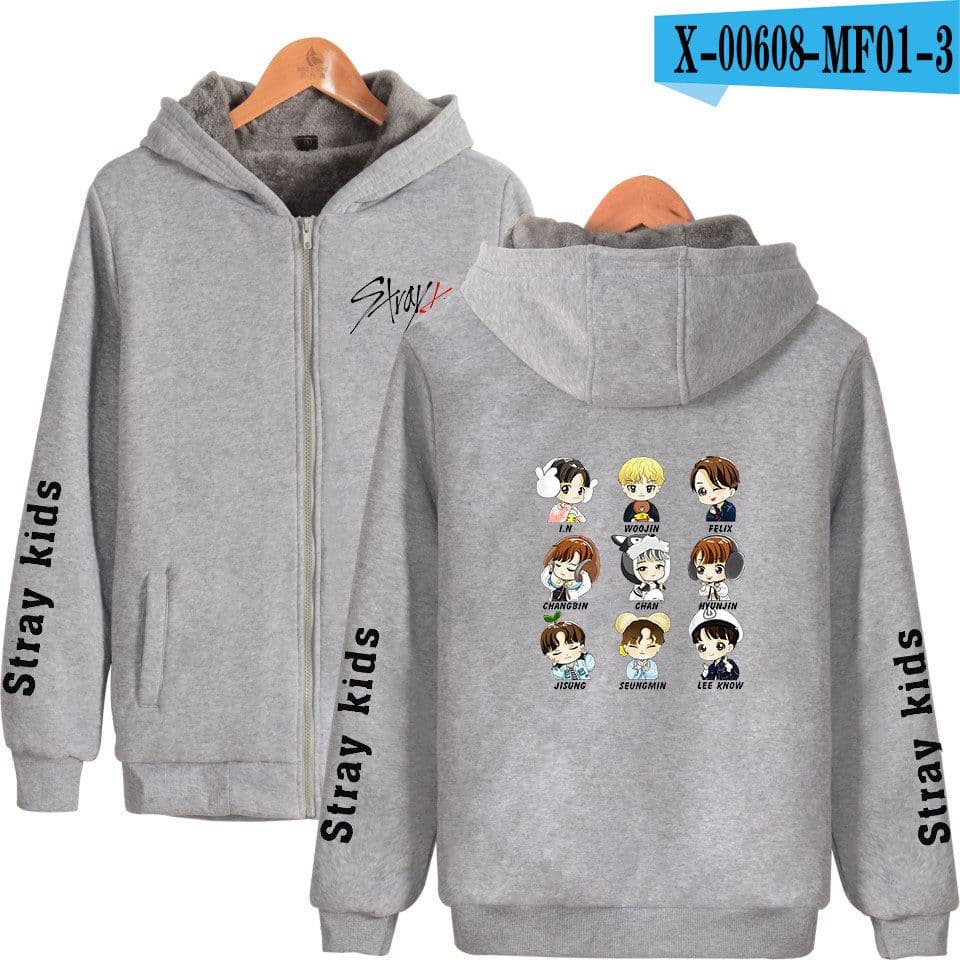 image-Cross-border Amazon stray kids plus velvet thick hooded zipper sweater winter warm men and women