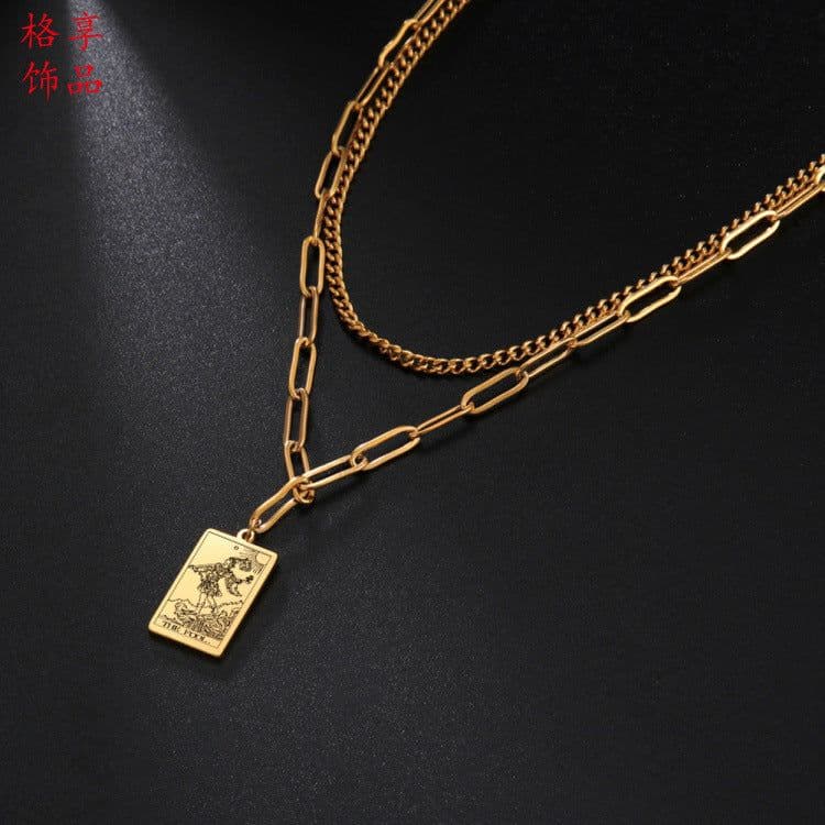 image-European and American fashion accessories Trendy clothing 12 double-layer tarot card gold steel color stainless steel pendant necklace
