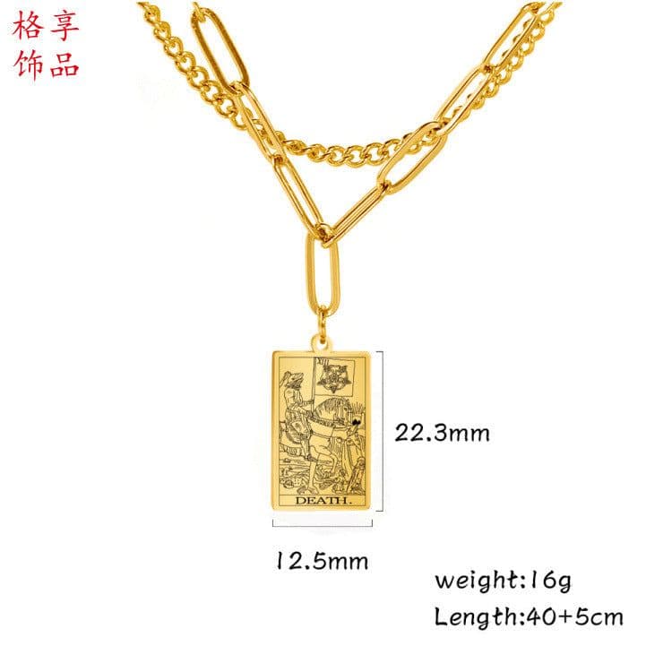 image-European and American fashion accessories Trendy clothing 12 double-layer tarot card gold steel color stainless steel pendant necklace