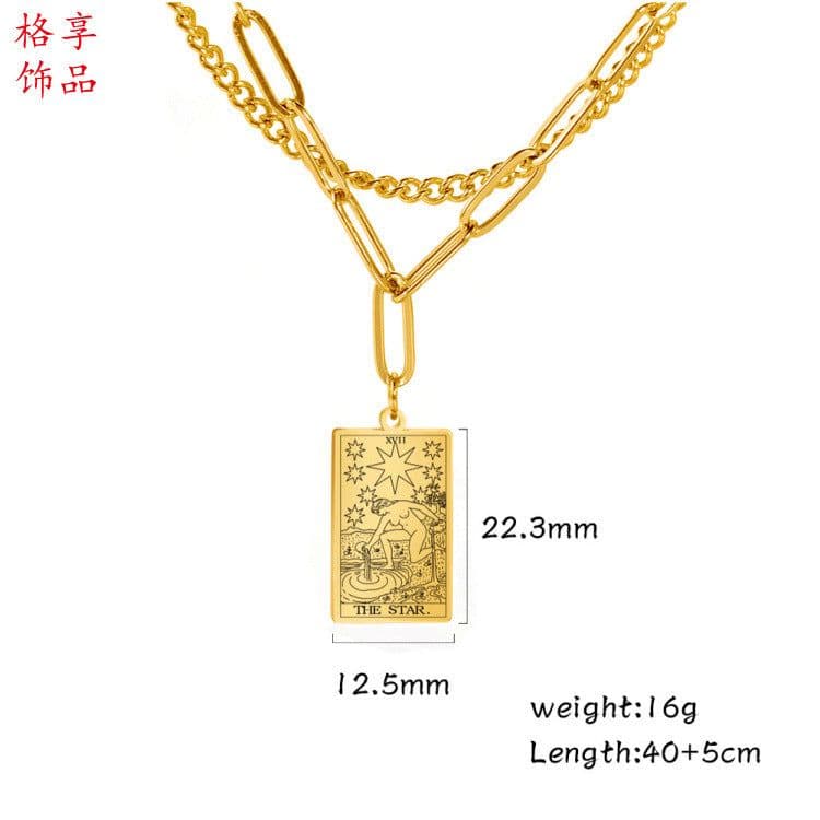 image-European and American fashion accessories Trendy clothing 12 double-layer tarot card gold steel color stainless steel pendant necklace