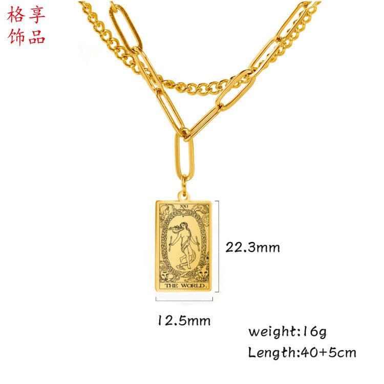 image-European and American fashion accessories Trendy clothing 12 double-layer tarot card gold steel color stainless steel pendant necklace