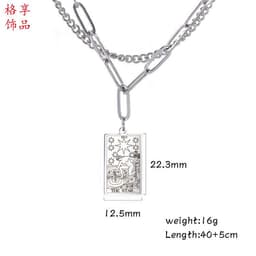 image-European and American fashion accessories Trendy clothing 12 double-layer tarot card gold steel color stainless steel pendant necklace