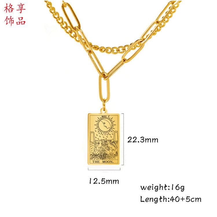 image-European and American fashion accessories Trendy clothing 12 double-layer tarot card gold steel color stainless steel pendant necklace