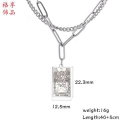 image-European and American fashion accessories Trendy clothing 12 double-layer tarot card gold steel color stainless steel pendant necklace