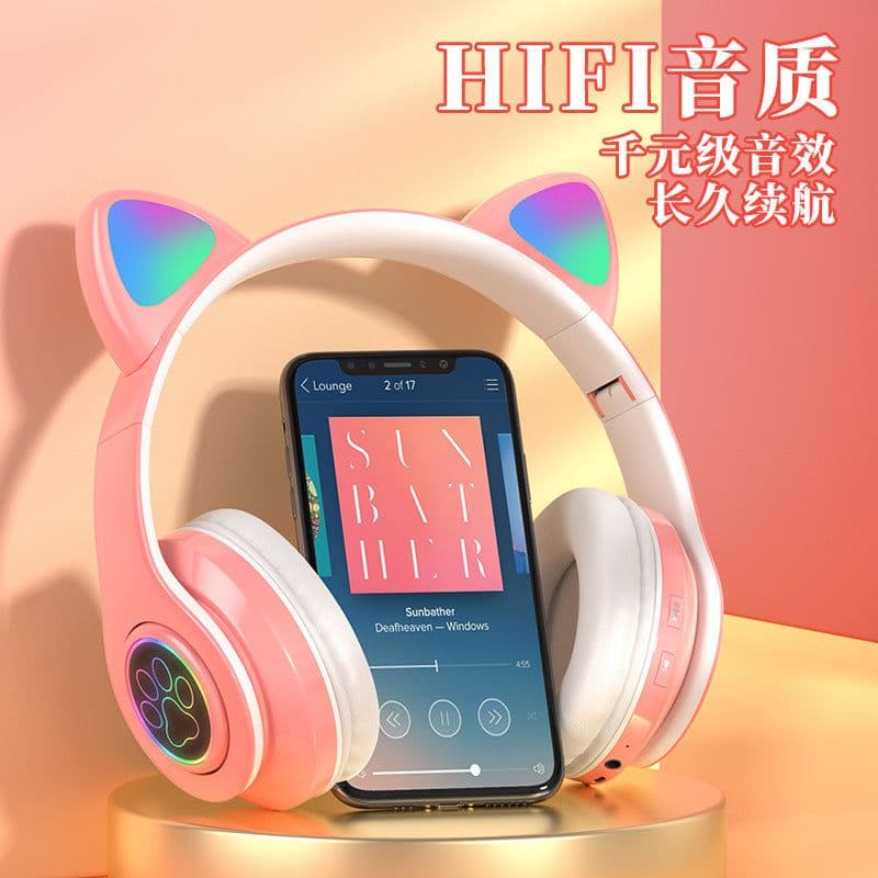 image-New head-mounted cat ear bluetooth headset B39 cat ear cute cat ear wireless headset LED flash light