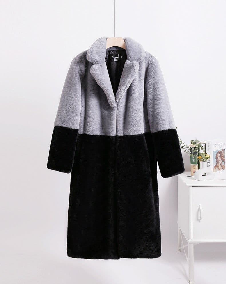 image-Winter loose mink velvet faux fur stitching mid-length coat furry suit collar women's coat