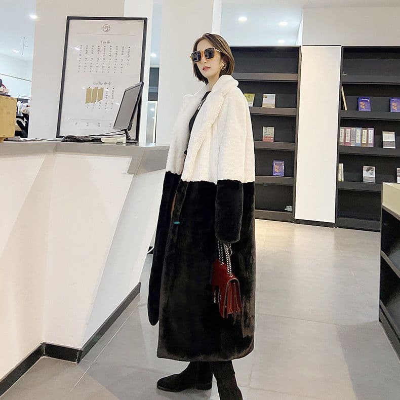image-Winter loose mink velvet faux fur stitching mid-length coat furry suit collar women's coat