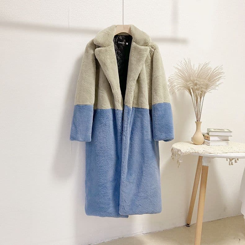 image-Winter loose mink velvet faux fur stitching mid-length coat furry suit collar women's coat