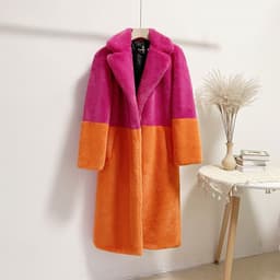 image-Winter loose mink velvet faux fur stitching mid-length coat furry suit collar women's coat