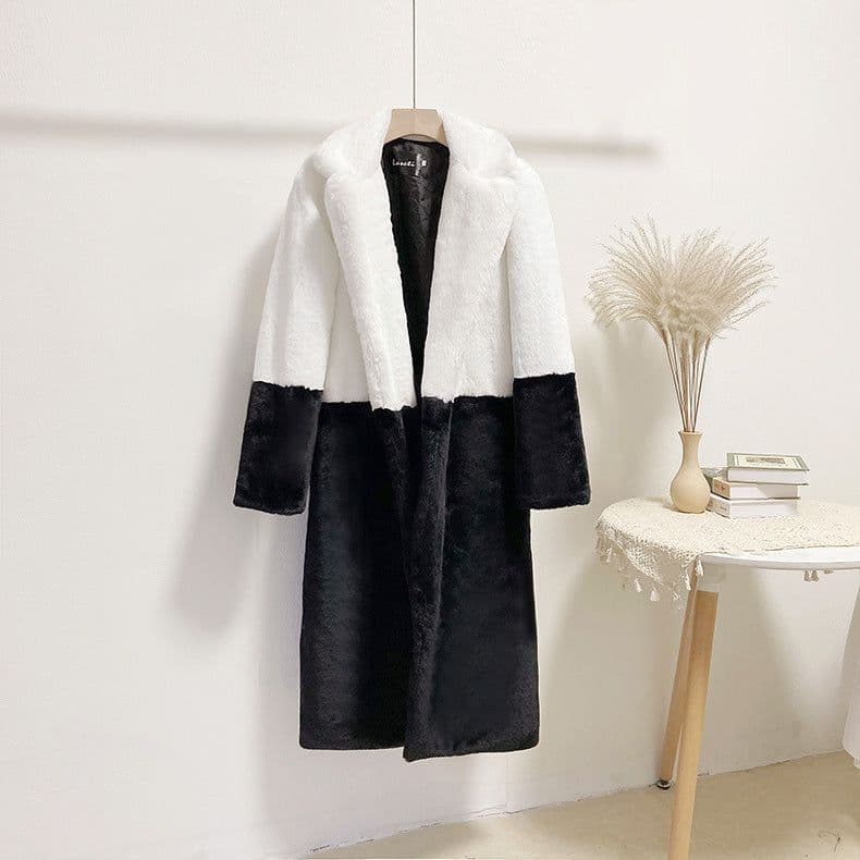 image-Winter loose mink velvet faux fur stitching mid-length coat furry suit collar women's coat