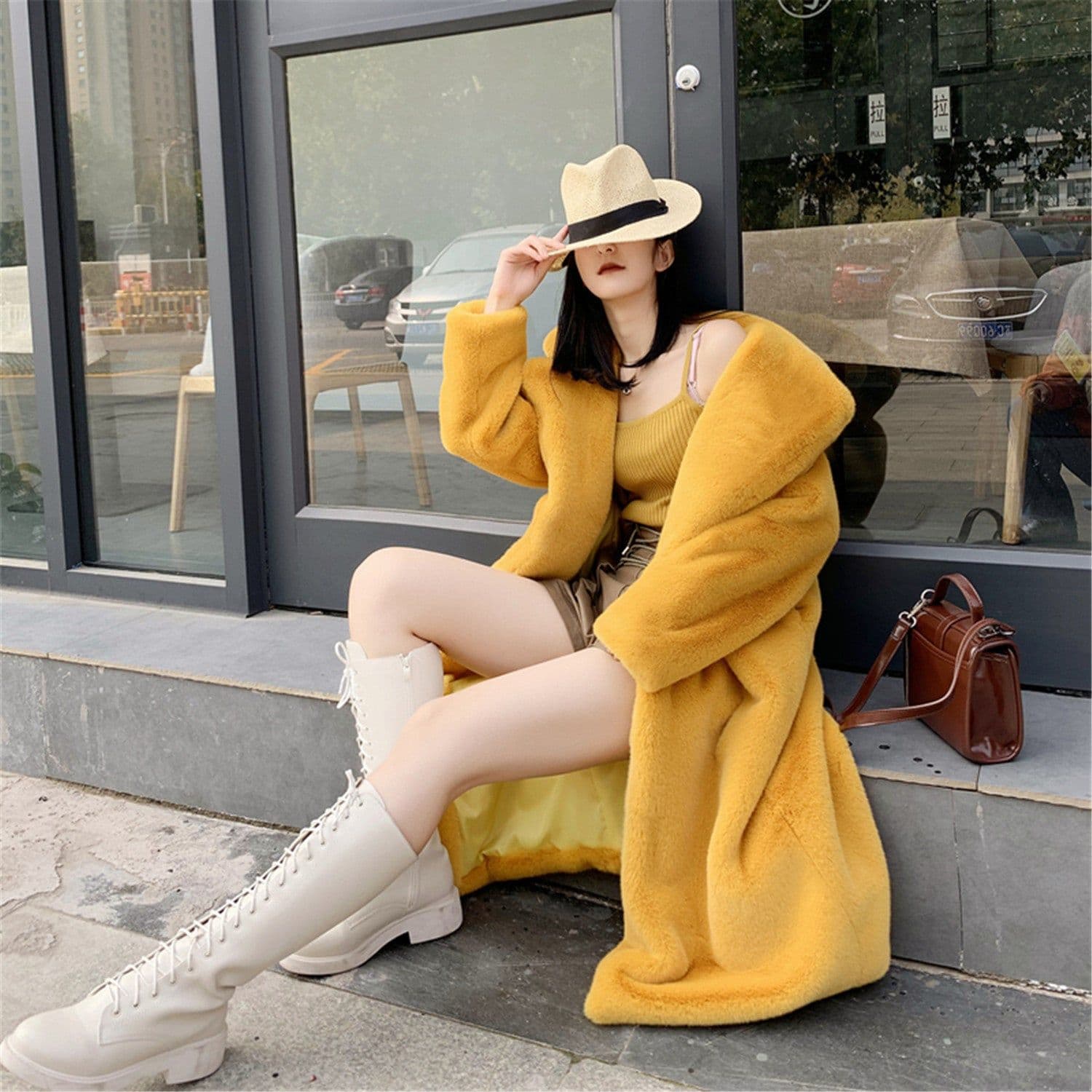 image-Winter loose mink velvet faux fur stitching mid-length coat furry suit collar women's coat