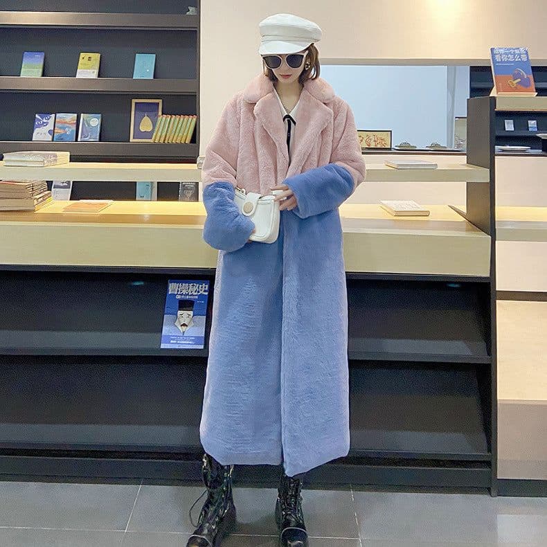 image-Winter loose mink velvet faux fur stitching mid-length coat furry suit collar women's coat