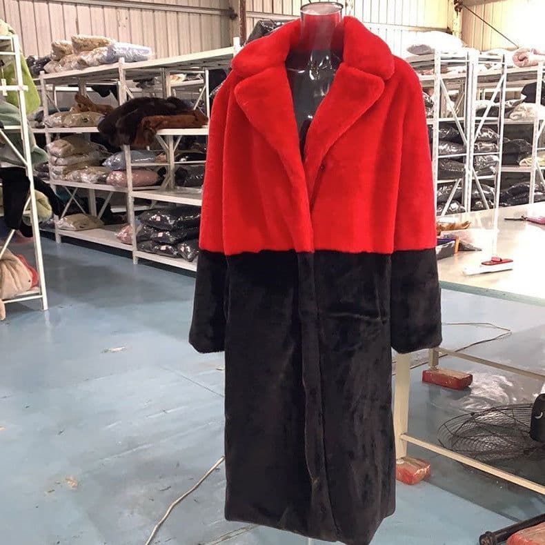 image-Winter loose mink velvet faux fur stitching mid-length coat furry suit collar women's coat