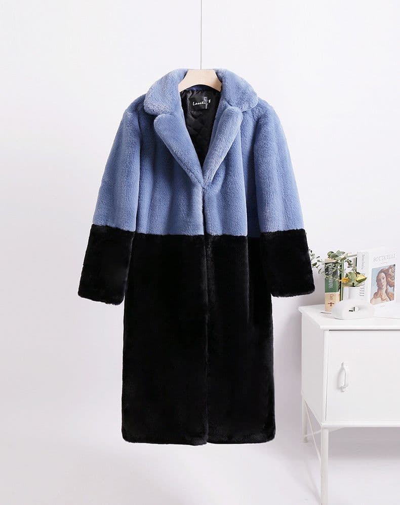 image-Winter loose mink velvet faux fur stitching mid-length coat furry suit collar women's coat