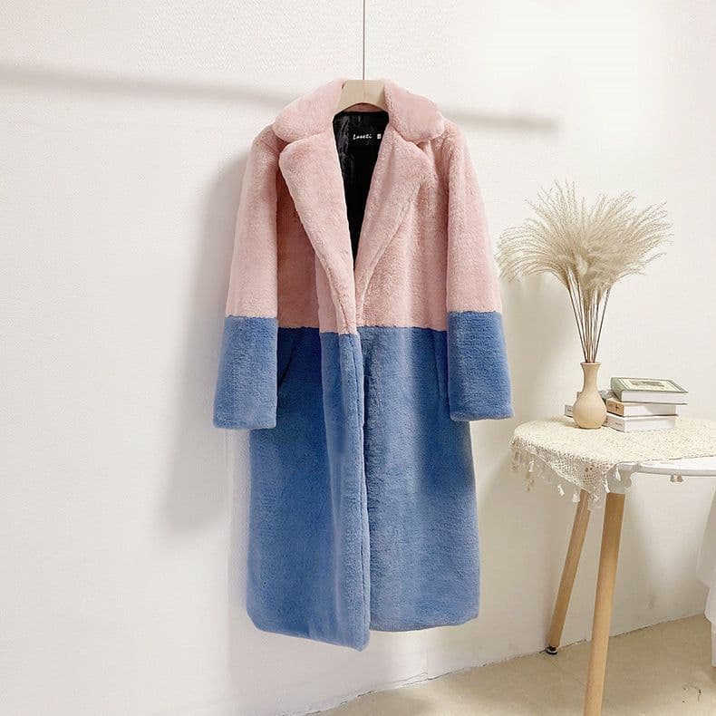 image-Winter loose mink velvet faux fur stitching mid-length coat furry suit collar women's coat