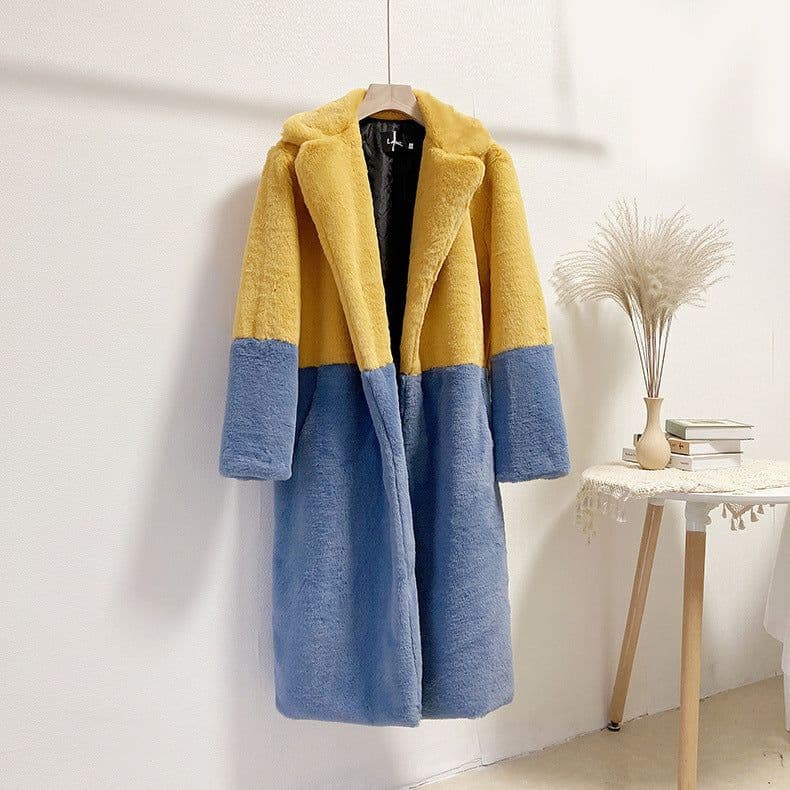image-Winter loose mink velvet faux fur stitching mid-length coat furry suit collar women's coat