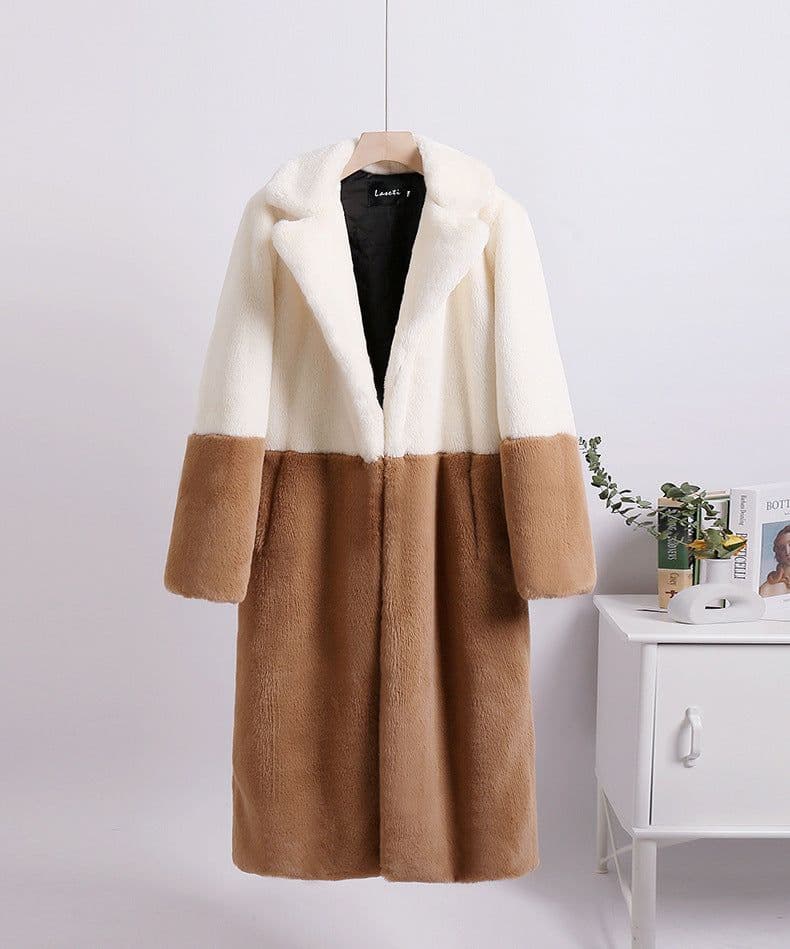 image-Winter loose mink velvet faux fur stitching mid-length coat furry suit collar women's coat