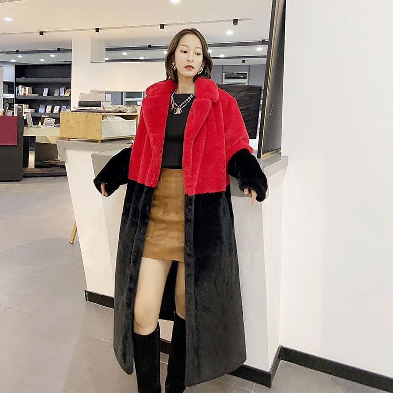 image-Winter loose mink velvet faux fur stitching mid-length coat furry suit collar women's coat