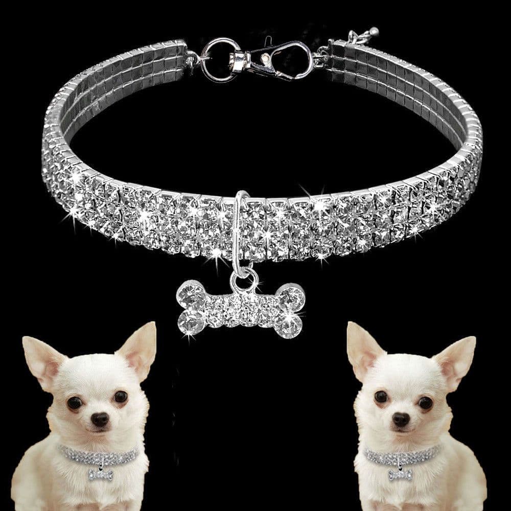image-3 Row Rhinestone Elastic Pet Necklace Dog Chain Cat Crystal Collar Pet Supplies Small Dog Jewelry Tag