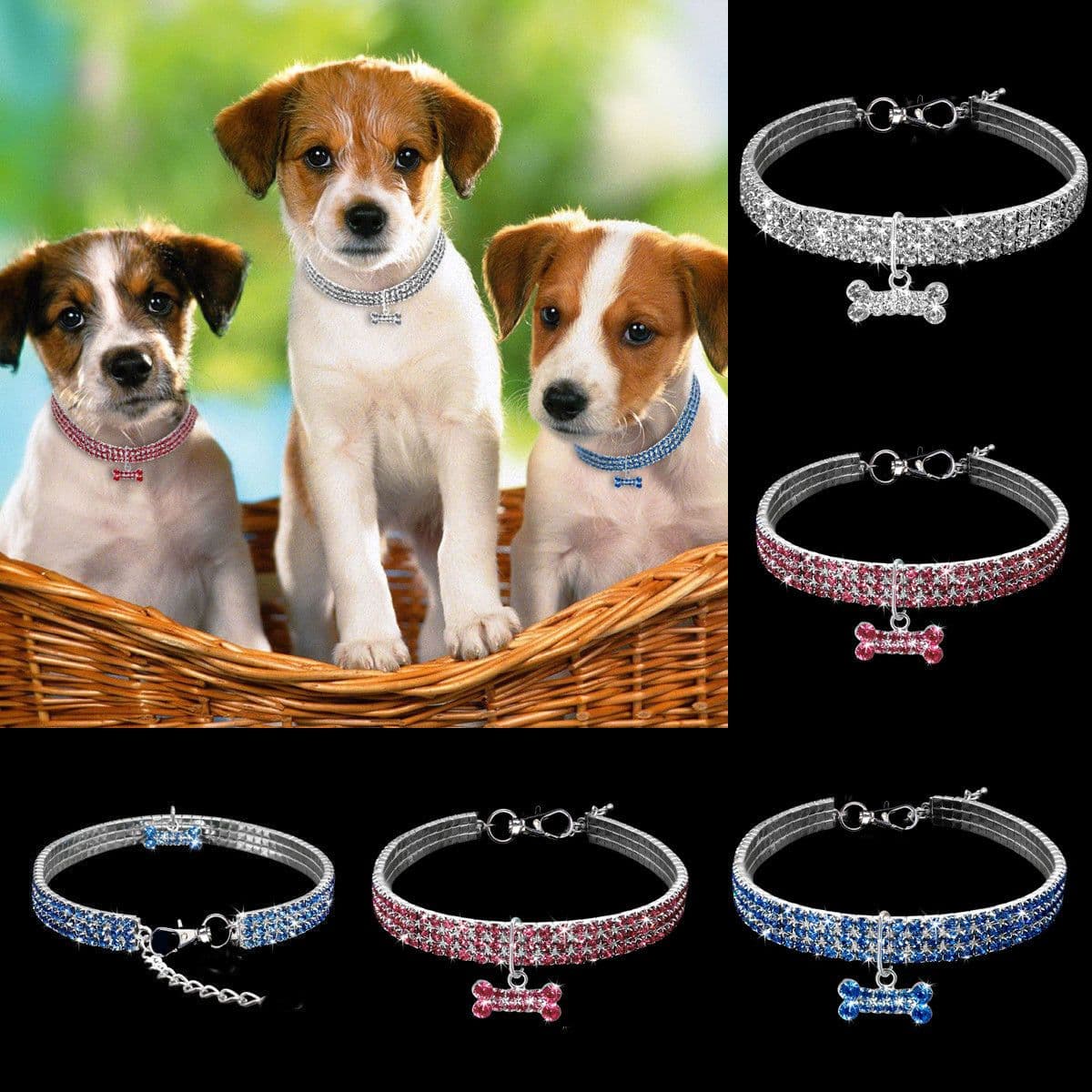 image-3 Row Rhinestone Elastic Pet Necklace Dog Chain Cat Crystal Collar Pet Supplies Small Dog Jewelry Tag