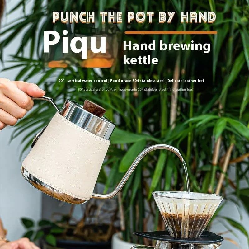 image-304 Stainless Steel Hand Made Coffee Maker Household Hanging Ear Narrow Mouth Coffeepot Leather Anti-scald Hand Wash Pot