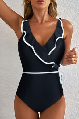 image-Black Ruffled Wrap V-Neck Swimsuit Contrast