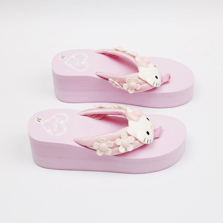 image-2016 new simple KT cat cartoon FM pink pine high sandals and slippers wedge heel clip foot thick bottom non-slip slippers women