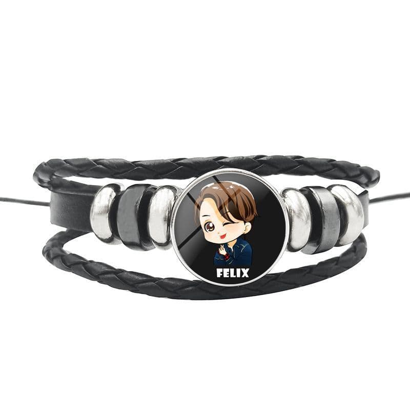 image-AliExpress New Stray Kids Men's Group Anime Head Leather Braided Bracelet Retro Round Glass Button Bracelet