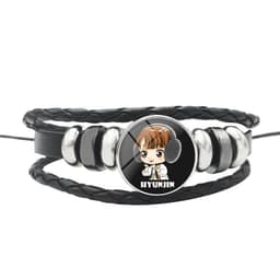 image-AliExpress New Stray Kids Men's Group Anime Head Leather Braided Bracelet Retro Round Glass Button Bracelet