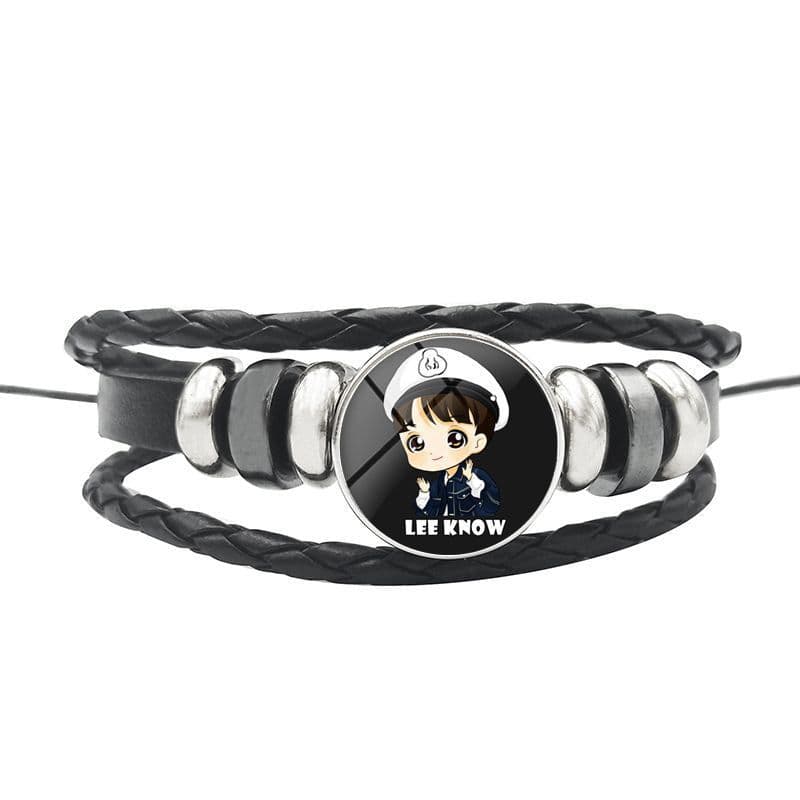 image-AliExpress New Stray Kids Men's Group Anime Head Leather Braided Bracelet Retro Round Glass Button Bracelet