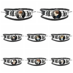image-AliExpress New Stray Kids Men's Group Anime Head Leather Braided Bracelet Retro Round Glass Button Bracelet