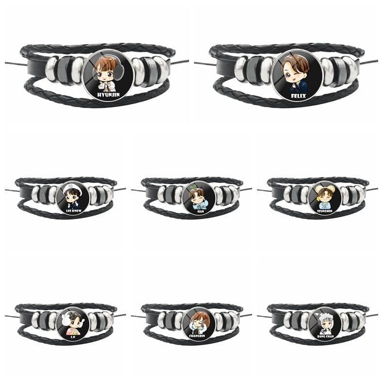 image-AliExpress New Stray Kids Men's Group Anime Head Leather Braided Bracelet Retro Round Glass Button Bracelet